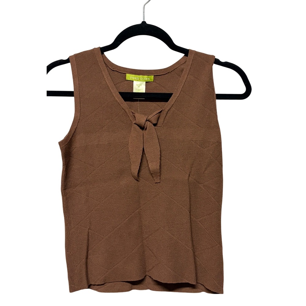 Sigrid Olsen Brown Knit Sleeveless Tie V-Neck Top Petite Medium NWT